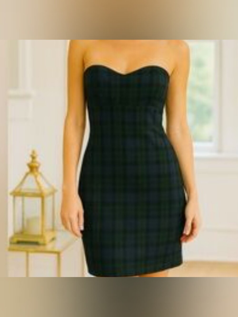 Zara Strapless Green Plaid Sheath Dress